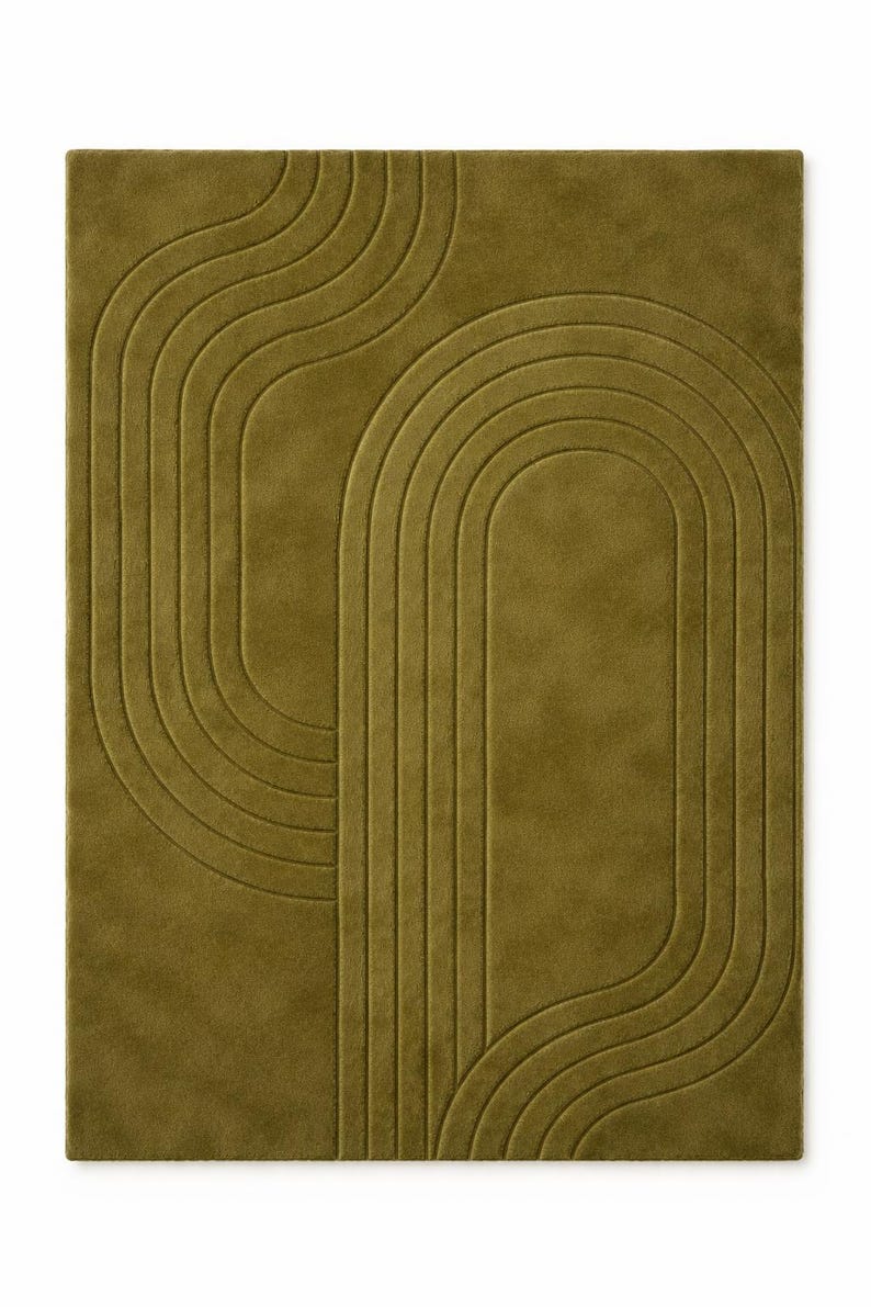 Olive Green Rugs Pattern Olive Green Hand-tufted Wool Rug, Sculpted Line Pattern, Minimalist ...