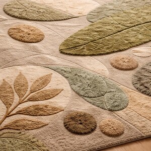 K&ouml;nnte beinhalten: Ein beiger Teppich mit einem Blatt- und Kieseldesign. Der Teppich hat erhabene, strukturierte Bl&auml;tter in Gr&uuml;n- und Braunt&ouml;nen sowie kreisf&ouml;rmige Kieselformen in &auml;hnlichen T&ouml;nen. Der Hintergrund ist ein neutrales Beige.