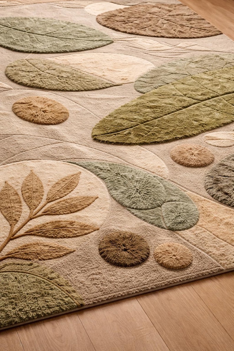 K&ouml;nnte beinhalten: Ein beiger Teppich mit einem Blatt- und Kieseldesign. Der Teppich hat erhabene, strukturierte Bl&auml;tter in Gr&uuml;n- und Braunt&ouml;nen sowie kreisf&ouml;rmige Kieselformen in &auml;hnlichen T&ouml;nen. Der Hintergrund ist ein neutrales Beige.