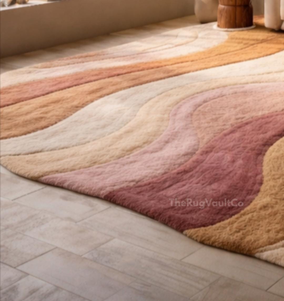 Peach Abstract Rug Modern Wavy Abstract Rug | Peach Beige Irregular Hand Tufted Rug ...