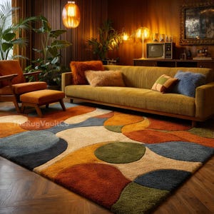 Handtuftad ullmatta, retro geometrisk design, modern matta i mitten av århundradet