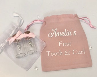 Baby’s gift.First tooth and curl keepsake. Personalised velvet drawstring bag. Silver tooth and scissors charms. Ideal keepsake+  gift.