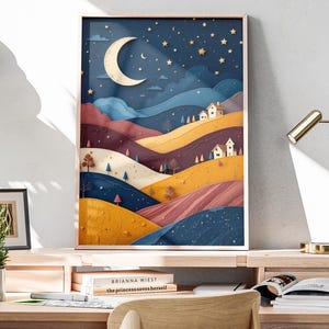 Sternenklare Nacht Landschaft Wandkunst - Gemütliches Landhaus Digitales Poster, Papierschnitt Stil zum Ausdrucken, Mond & Hügel Kinderzimmer Kunst, Instant Download