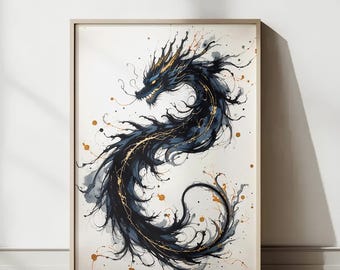 Mystischer schwarzer Drache Kunstdruck: Oriental Ink Splash (Digitaler Download)