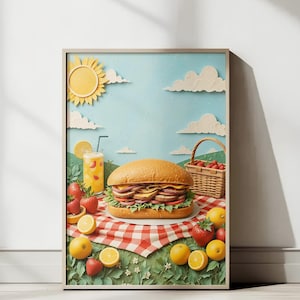 Summer Picnic Sandwich Poster - Retro Food Art Print, Whimsical Submarine Sandwich Wall Decor, Digital Download Kitchen Art