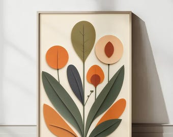 Mid Century Floral Wall Art Print | Retro Botanical Artwork in Burnt ...