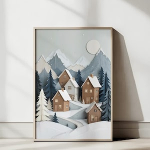 Winter Village Wall Art - Snowy Mountain Landscape Digital Poster, Nordic Cabin Printable Decor, Cozy Paper Cut Style Artwork