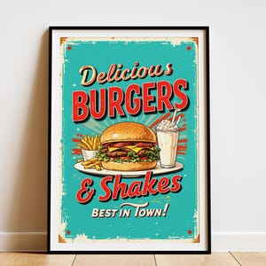 Retro Diner Burger Poster - Vintage Fast Food Digital Print | 50s American Diner Art | Retro Kitchen Wall Decor | Instant Download