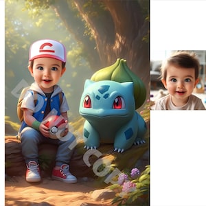 Pokemon-portret, Bulbasaur-portret, Ash-portret, aangepaste Pokemon Trainer-portret, aangepaste Pokemon-postertekening, gepersonaliseerde Pokemon