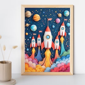 Colorful Rocket Ship Wall Art - Space Adventure Digital Poster, Planet Galaxy Printable Decor for Kids Room, Paper Cut Style Outer Space Art