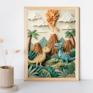 Cute Dinosaur Wall Art - Dinosaur Poster, Digital Download Poster, Jungle Dino Printable for Kids Room, Paper Cut Style Nursery Decor