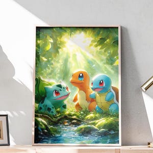 May include: A framed print featuring three cartoon characters from the Pokemon franchise. The characters are standing in a forest setting with a stream of water in the foreground. The characters are a green and yellow Bulbasaur, a blue Squirtle, and an orange Charmander.