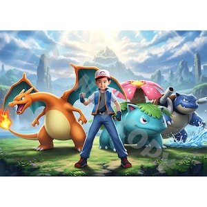 May include: A digital illustration featuring a young person in a blue vest and jeans, standing with three Pokémon characters: Charizard, Venusaur, and Blastoise. The background shows a mountain landscape with a bright sky.
