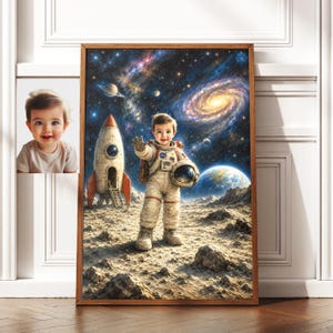 写真から作成するカスタム宇宙飛行士ポートレート、パーソナライズされた子供向け宇宙アート、子供用宇宙飛行士月面ポスター、宇宙をテーマにした子供部屋の壁飾り