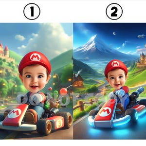 マリオカートのポートレート、カスタムマリオカート、マリオカートの写真、マリオカートの絵、マリオカートのポスター、マリオカートの似顔絵、パーソナライズされたマリオ