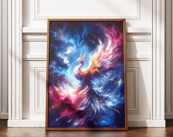 Celestial Phoenix Art Print – Galaxy Feathered Bird, Surreal Home Decor (Digital Download)