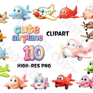 Cute Airplane Clipart, Cartoon Plane Illustration, Watercolor Airplane Image, Kids Graphics, Scrapbook Design, Whimsical Plane