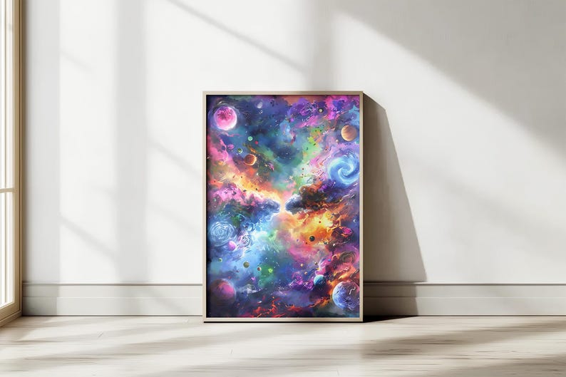May include: A framed art print depicting a vibrant, colorful nebula scene. The artwork features swirling galaxies, planets, and celestial bodies in shades of pink, purple, blue, and orange. The print is displayed on a white wall with natural light.