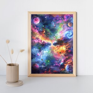May include: A framed art print featuring a vibrant depiction of a nebula. The artwork showcases a colorful cosmic scene with swirling clouds of pink, purple, blue, and orange hues, along with planets and stars. The print is encased in a light brown wooden frame.
