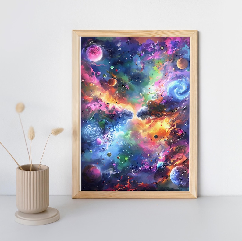 May include: A framed art print featuring a vibrant depiction of a nebula. The artwork showcases a colorful cosmic scene with swirling clouds of pink, purple, blue, and orange hues, along with planets and stars. The print is encased in a light brown wooden frame.