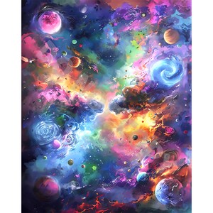May include: A vibrant, colorful illustration of a galaxy filled with planets, swirling nebulae, and celestial bodies. The artwork features a dynamic composition with a rich palette of blues, pinks, oranges, and purples, creating a sense of depth and wonder.
