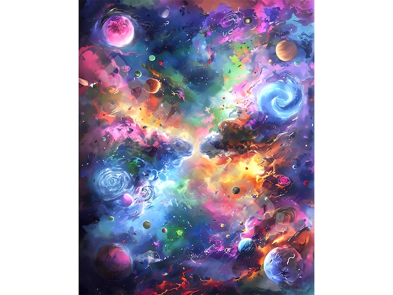 May include: A vibrant, colorful illustration of a galaxy filled with planets, swirling nebulae, and celestial bodies. The artwork features a dynamic composition with a rich palette of blues, pinks, oranges, and purples, creating a sense of depth and wonder.