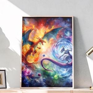 Pokemon Poster, Glurak Poster, Mewtu Poster, Aquarell Glurak, Aquarell Mewtu, Glurak Malerei, Mewtu Wandkunst