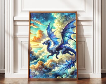 Watercolor Blue Dragon Poster: Fantasy Art Print (Digital Download)