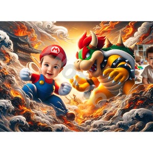 Benutzerdefinierte Mario Portrait, Mario Bowser Poster, Mario Kids Portrait, Super Mario Karikatur, Mario Bros Zeichnung, personalisiertes Mario Poster