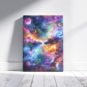 May include: A vibrant canvas print depicting a colorful nebula with swirling clouds of pink, purple, blue, and orange. Planets and stars are scattered throughout the cosmic scene, creating a sense of depth and wonder. The artwork is displayed against a white wall.