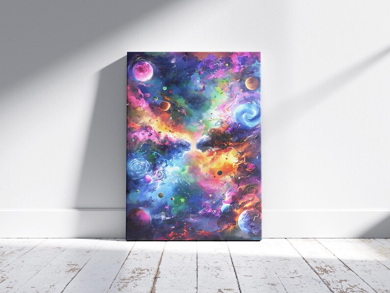 May include: A vibrant canvas print depicting a colorful nebula with swirling clouds of pink, purple, blue, and orange. Planets and stars are scattered throughout the cosmic scene, creating a sense of depth and wonder. The artwork is displayed against a white wall.