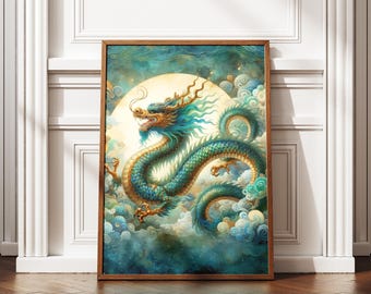 May include: A framed print featuring a vibrant illustration of a Chinese dragon. The dragon, in shades of teal and gold, is depicted amidst swirling clouds and a bright moon. The artwork is set against a backdrop of teal and blue hues, creating a mystical atmosphere.