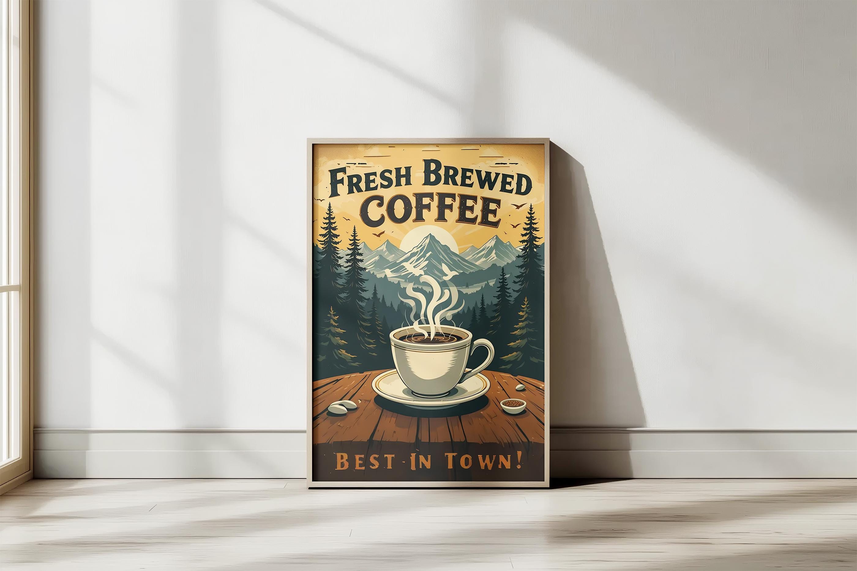 Affiche de café fraîchement moulu - oeuvre d'art rustique Mountain Cafe (impression numérique)