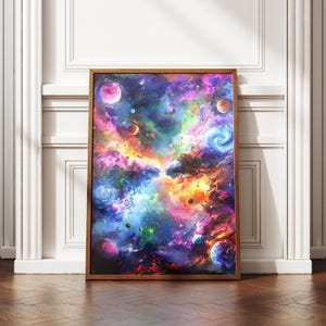 May include: A framed art print depicting a vibrant, colorful nebula scene. The artwork features swirling clouds of pink, purple, blue, and orange, with planets and celestial bodies scattered throughout. The frame is a warm, natural wood tone.