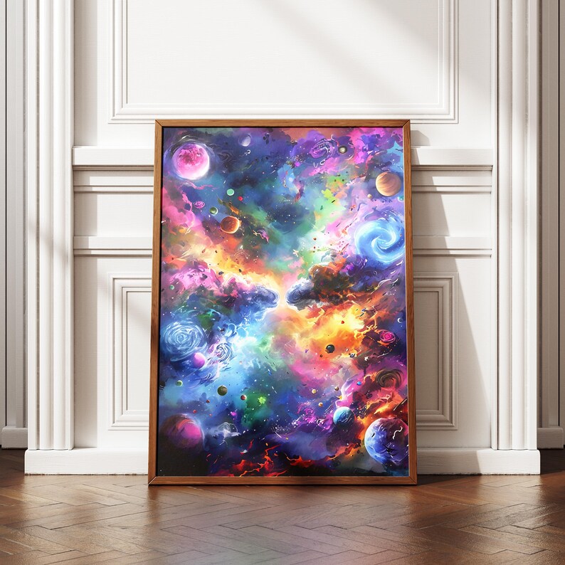 May include: A framed art print depicting a vibrant, colorful nebula scene. The artwork features swirling clouds of pink, purple, blue, and orange, with planets and celestial bodies scattered throughout. The frame is a warm, natural wood tone.