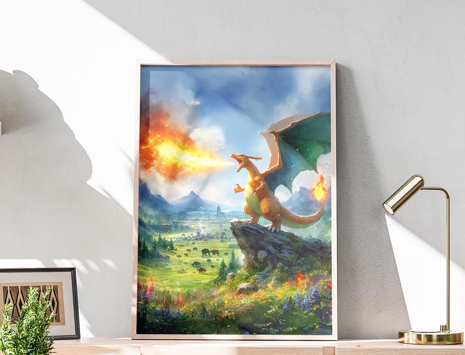 Poster Dracaufeu, Art mural Dracaufeu, Aquarelle Dracaufeu, Peinture Dracaufeu, Image Dracaufeu, Poster Pokemon, Art mural Pokemon aquarelle