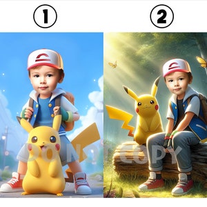 Portrait Pokémon, Portrait Pikachu, Portrait Ash, Dresseur Pokémon personnalisé, Poster Pokémon personnalisé, Pokémon personnalisé, Pikachu personnalisé
