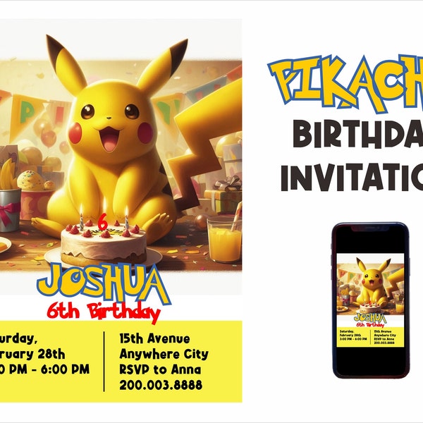 Pikachu Birthday Invitation, Personalized Pikachu Digital Birthday Invitation, Custom Pikachu Invitation, Digital Pokemon Invitation