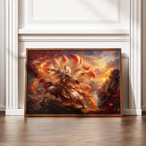 Può includere: Una stampa artistica incorniciata raffigurante un guerriero volpe a più code in una posa dinamica, circondato da fiamme arancioni e rosse vorticose. La scena presenta un paesaggio montano con un tramonto, pagode e fogliame autunnale.