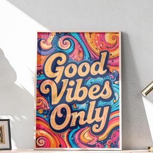 Solo buenas vibras - Póster digital psicodélico retro / Arte mural colorido y moderno / Arte imprimible de estética bohemia / Decoración con energía positiva