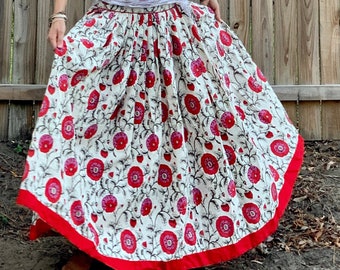 Red poppy flower pleated linen Gopi Skirt