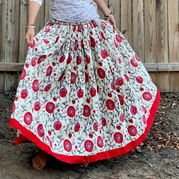 Red poppy flower pleated linen Gopi Skirt