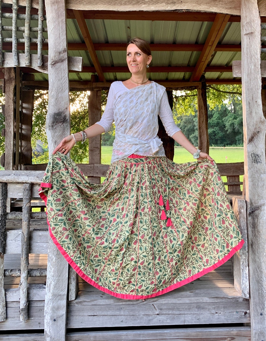 Panelled Cotton Gopi Skirt With Floral Pattern and Pink Accents also