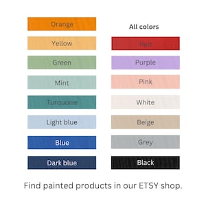 Puede incluir: Una carta de colores con rect&aacute;ngulos de varios colores, incluyendo naranja, amarillo, verde, menta, turquesa, azul claro, azul, azul oscuro, rojo, morado, rosa, blanco, beige, gris y negro. El texto "Todos los colores" se muestra encima de la columna derecha. El texto "Encuentra productos pintados en nuestra tienda ETSY" est&aacute; en la parte inferior.