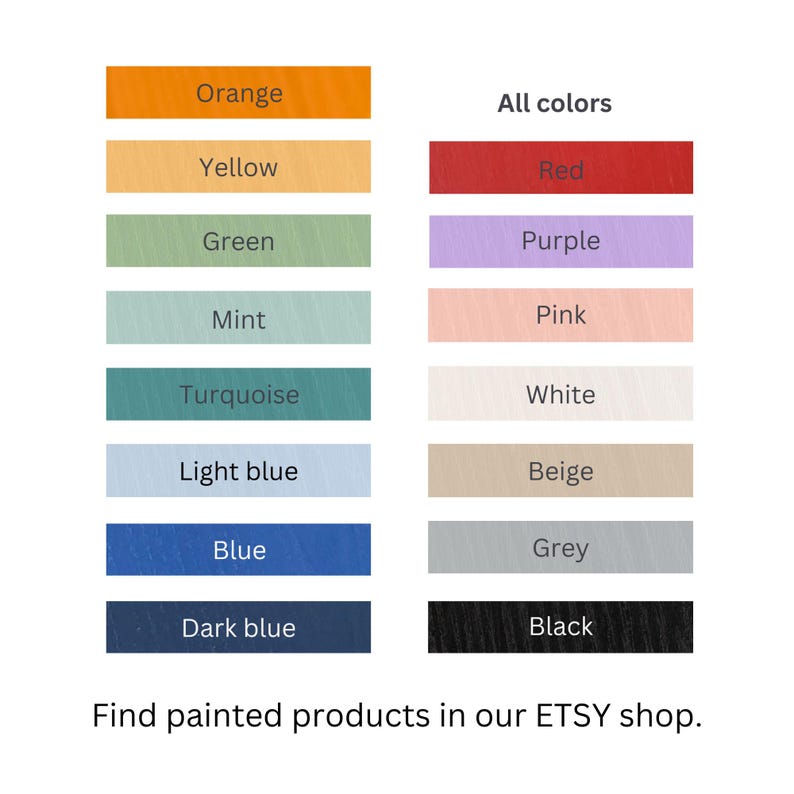 Puede incluir: Una carta de colores con rect&aacute;ngulos de varios colores, incluyendo naranja, amarillo, verde, menta, turquesa, azul claro, azul, azul oscuro, rojo, morado, rosa, blanco, beige, gris y negro. El texto "Todos los colores" se muestra encima de la columna derecha. El texto "Encuentra productos pintados en nuestra tienda ETSY" est&aacute; en la parte inferior.