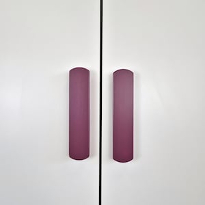 May include: Close-up of a white cabinet door with two vertical, plum-colored cabinet pulls. The pulls are rectangular with rounded tops. A thin black line runs vertically between the doors.