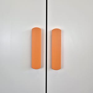 May include: Two orange cabinet pulls are vertically aligned on a white cabinet door. The pulls are rectangular with rounded tops and bottoms. The cabinet doors are divided by a black line.