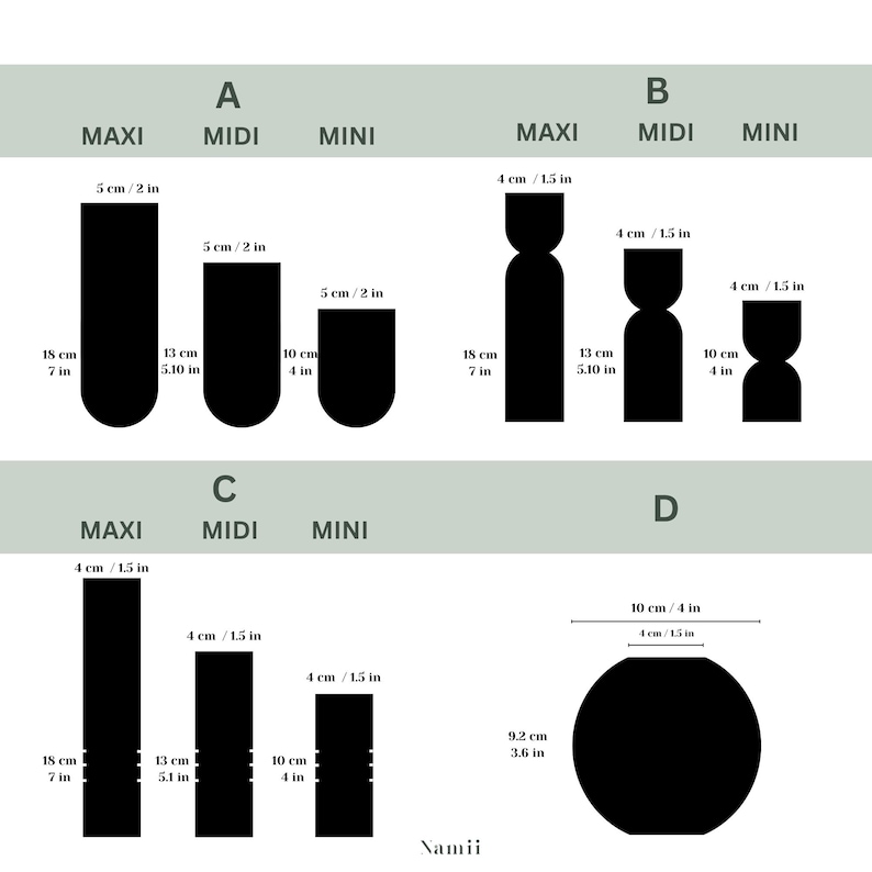 Puede incluir: Un gr&aacute;fico que muestra varias formas negras con medidas en cm y pulgadas. Las formas, etiquetadas A, B, C y D, incluyen rect&aacute;ngulos, rect&aacute;ngulos redondeados y un c&iacute;rculo. Tambi&eacute;n est&aacute; presente el texto "MAXI, MIDI, MINI".