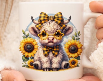 Highland Cow with Sunflower Mug Cow Lover Gift Cute Cow Cup Cow Coffee Mug Farm Animal Mug Gift Cute Highland Cow Cute Baby Cow Mug 11oz Mug