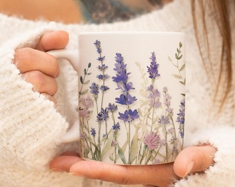 Pressed Flowers Mug, Boho Wildflowers Cottagecore Coffee Mug, Flower Garden Lover, Gift For Her, Botanical, Lavender Floral Nature Spring